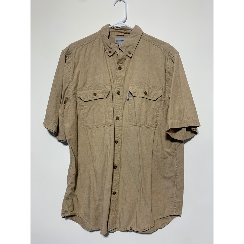 Carhartt Men Size L Tan Button Front Short Sleeve Relaxed Fit Cotton Shirt